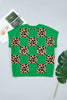 Red Plus Size Leopard Contrasted Checkered Short Sleeve Sweater