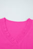Bright Pink Frilled V Neckline Bracelet Sleeve Crinkled Blouse