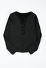 Black Acid Wash Waffle Knit Buttoned Neckline Long Sleeve Top