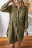 Jungle Green Textured Bracelet Sleeve Collared Button Up Dual Tied Mini Dress