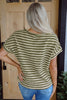 Green Stripe Textured Side Slits Crew Neck T Shirt