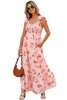 Pink Floral V Neck Smocked High Waist Ruffle Hem Long Dress