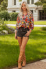 Black Floral 3/4 Puff Sleeve Tied Neck Blouse