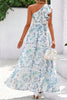 Sky Blue Floral Print Ruffled One Shoulder Vacation Maxi Dress