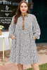 Khaki Plus Size Button V Neck Leopard Print Puff Sleeve Loose Mini Dress