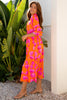Orange Floral Print Frilly Smocked V Neck 3/4 Sleeve Long Dress