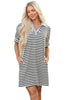 Black Stripe Contrast V Neck Collared Puff Sleeve T Shirt Mini Dress with Pockets