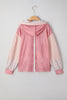 Pink Floral Patched Waffle Textured Colorblock V Neck Casual Hooded Top