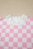 Pink Checkered Print Color Block Trim Mock Neck Short Set