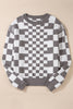 Khaki Checkered Print Drop Shoulder Round Neck Sweater