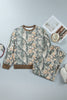 Brown Jungle Camouflage Print Ribbed Trim Long Sleeve Top Plus Size Pant Set