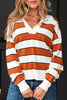 Brown Stripe Ribbed Polo Collar Drop Shoulder Sweater