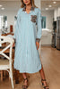 Sky Blue Stripe Contrast Leopard Patchwork Long Shirt Dress with Slits