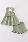 Premium Sage muslin ruffle shorts set