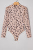 Khaki Mock Neck Sheer Mesh Leopard Long Sleeve Bodysuit