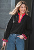 Black Striped Trim Ruffle Split Neck Long Sleeve Blouse