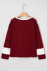 Red Dahlia Cheerful Daisy Flower Patched Round Neck Long Sleeve Top