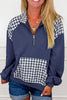Racing Red Patchwork Plaid Pocket Quarter Zip Sweatshirt