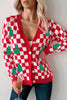 Red Checkered Christmas Tree Pattern Button V Neck Cardigan Sweater