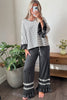Blue Stripe V Neck Ruffle Contrast Sleeve Top Drawstring Pants 2pcs Set
