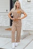 Khaki Stripe Crew Neck Tee Drawstring Waist Cropped Pants Set