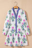 Sky Blue Floral Print Contrast Striped Trim Notched Neck Long Sleeve Dress
