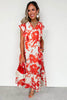 Red Floral Print Trimmed V Neck Ruffle Sleeve Long Dress
