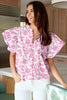 Pink Baroque Floral Ruffle Sleeve V Neck Blouse Top