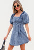 Blue Frilly Square Neck Bustier Puff Sleeve Short Denim Dress