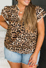 Khaki Plus Size Leopard Print Stitch Detail Ruffled Short Sleeve Blouse