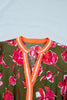 Green Floral Print Striped Trim Split Neck Short Puff Sleeve Ruffle Hem Maxi Dress