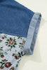Gray Retro Floral Print Denim Patchwork Buttoned Polo Collar Top