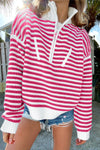 Pink Stripe Zip up Collar Drop Shoulder Sweater