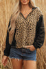 Brown Leopard Patchwork Contrast Stitching Knotted Cuff Quarter Zip Hoodie