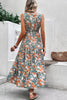 Green Floral Print Trimmed V Neck Tie Waist Sleeveless Holiday Long Dress