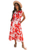 Red Floral Print Trimmed V Neck Ruffle Sleeve Long Dress