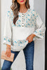 Sky Blue Floral Print Gauze Patchwork Henley Button 3/4 Sleeve Blouse