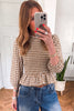 Green 3/4 Sleeve Shirred Plaid Peplum Top