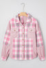 Pink Brushed Plaid Corduroy Flap Pockets Patchwork Shacket