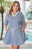 Blue Stripe Short Sleeve Collared V Neck Top Plus Size Skort Set