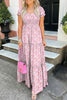 Pink Floral Short Bubble Sleeve Shirred High Waist Maxi Dress