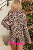 Light French Beige Leopard Print Contrast Trim Long Sleeve Shirt Drawstring Ruffle Hem Short Set