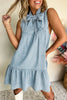 Beau Blue Bowknot Neck Sleeveless Ruffled Chambray Dress