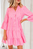 Pink Stripe Flare Sleeve Half Placket Tiered Flowy Mini Dress