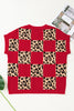 Green Leopard Checkerboard Short Sleeve Knit Sweater