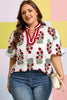 White Plus Size Floral Print Ricrac Striped Trim Short Sleeve Cotton Blouse