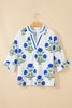 Sky Blue Casual Wild Flower Print V Neck 3/4 Sleeve Blouse