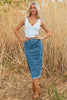 Sky Blue Leopard Denim Frayed Split Denim Midi Skirt