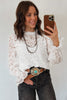 White Ruffled Round Neck Long Flounce Sleeve Sheer Lace Blouse