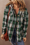 Green Plaid Print Chest Pocket Buttoned Hooded Shacket